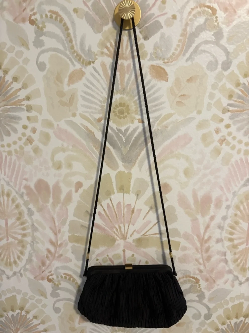 Marshall Field's Vintage Black Satin Pleated Evening Bag Shoulder Clutch Gold
